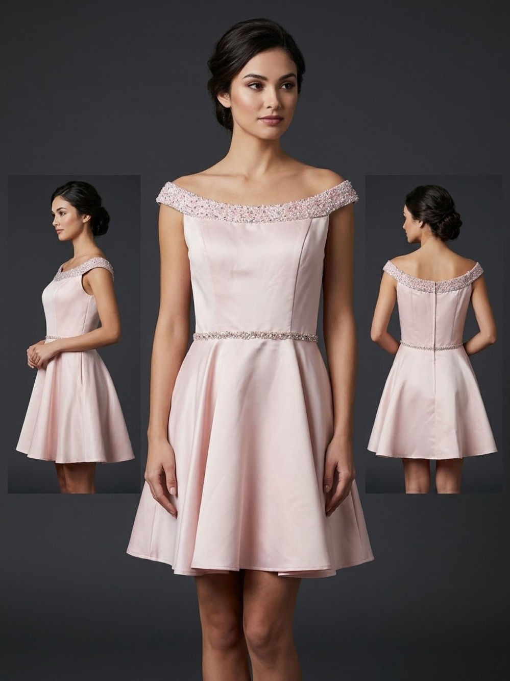 Morilee Off Shoulder Beaded Mini Dress in Blush